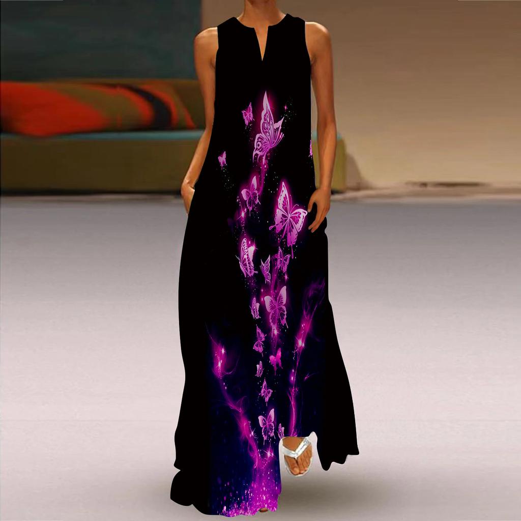 Women's A-line Dress Maxi Long Sleeveless Fluorescent Butterfly Print Autumn/winter V-neck Retro Style Elegant