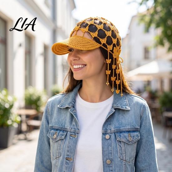 Fashionable Accessory for Holiday Gifts Boho Crochet Baseball Cap, Knitted Hollow-Out Sun Hat, Breathable Knit Decorative Tassel Hat