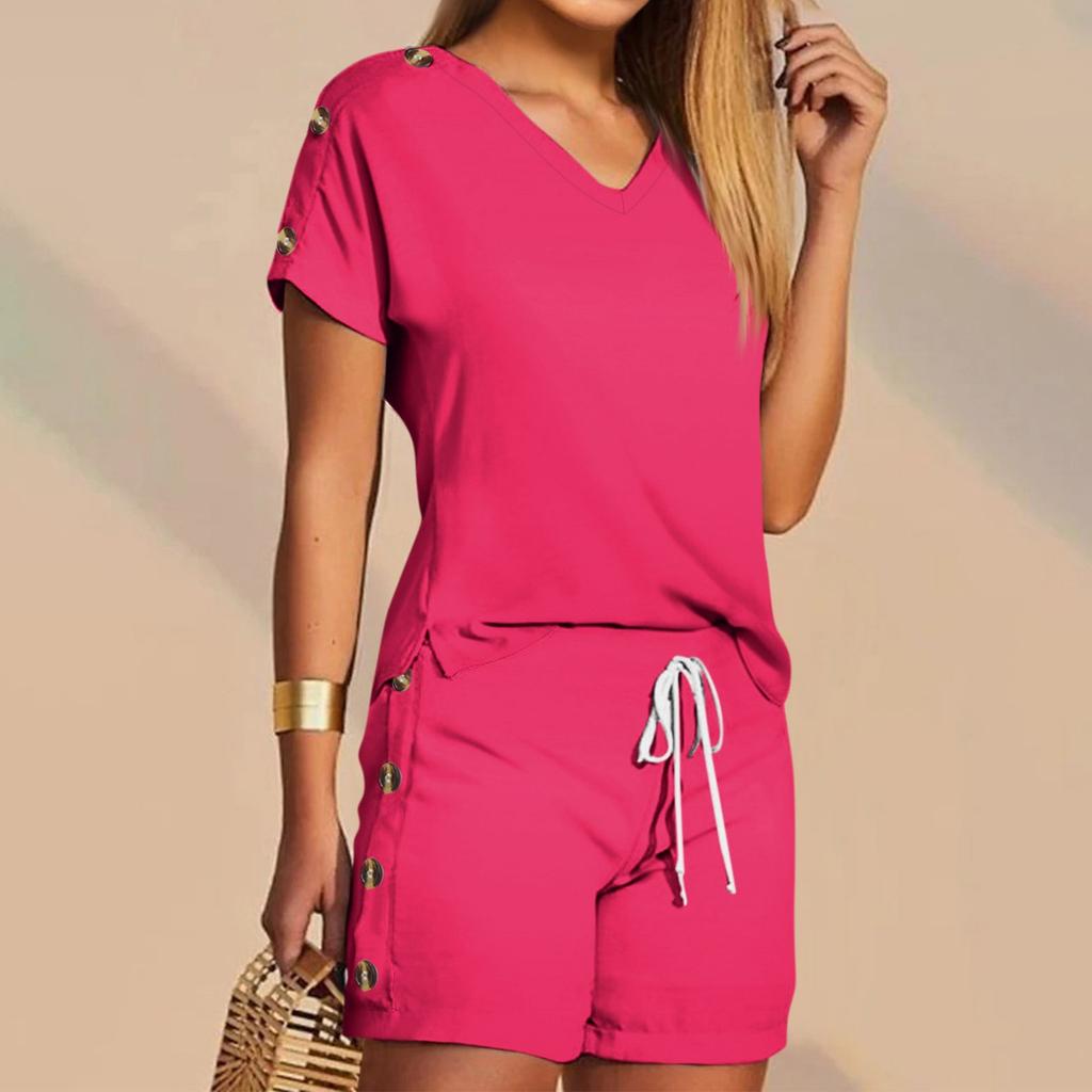 Женские футболки, футболки, шорты, комплекты с графикой, повседневные однотонные комплекты с V-образным вырезом, стандартная посадка