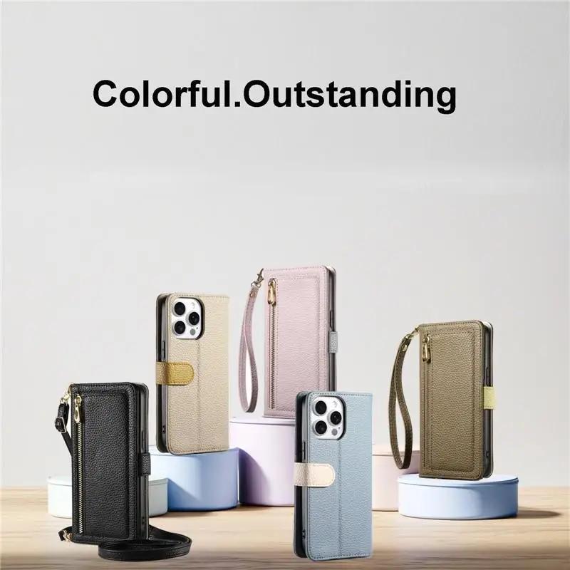Magnetic Zipper Wallet Crossbody Case for iPhone 17 16 12 13 14 15 Pro Max Luxury Leather Mirror Makeup Card Slots Book Cover