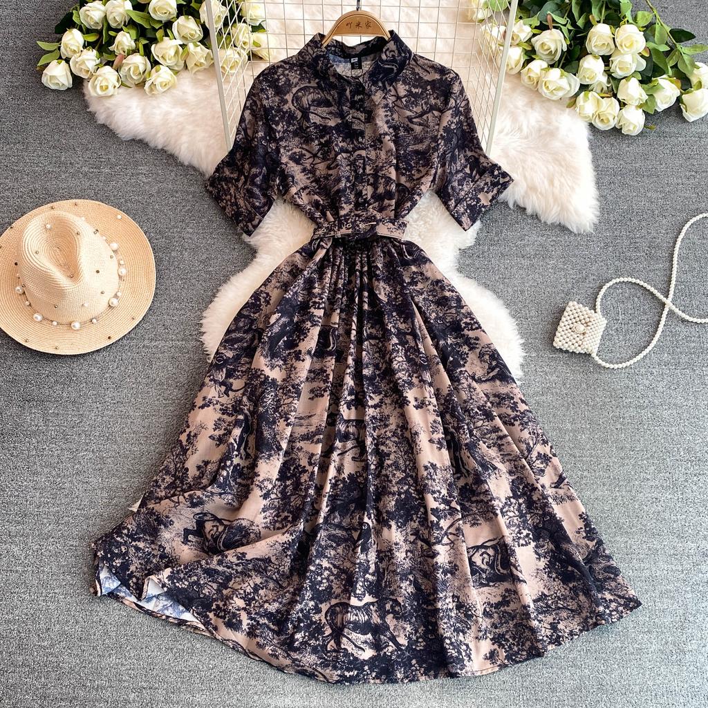 Винтажное платье с принтом, женское платье-рубашка трапециевидной формы с короткими рукавами и лацканами, женские элегантные летние длинные халаты трапециевидной формы, Vestidos