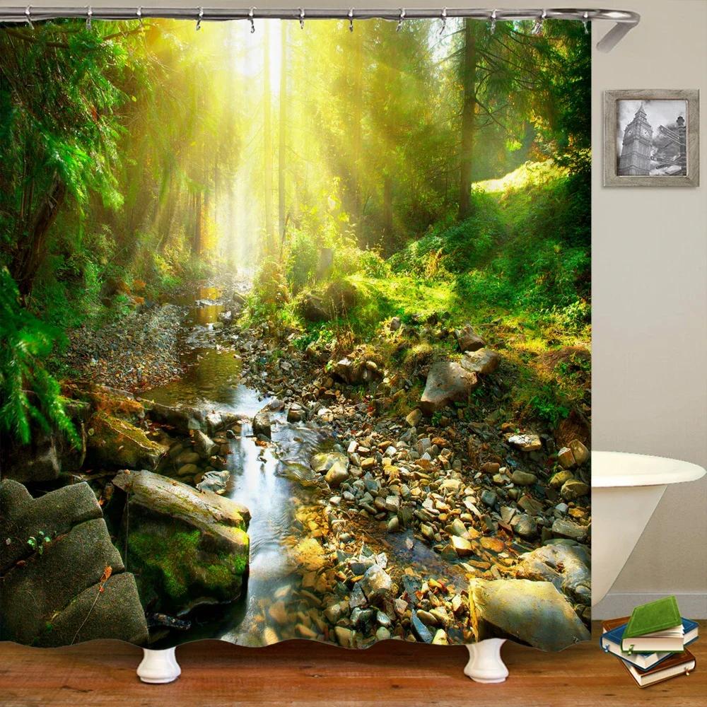 3D Natural Landscape Waterfall Forest Printed Bathroom Shower Curtain Polyester Waterproof Curtain With Hook Home Decor Curtain