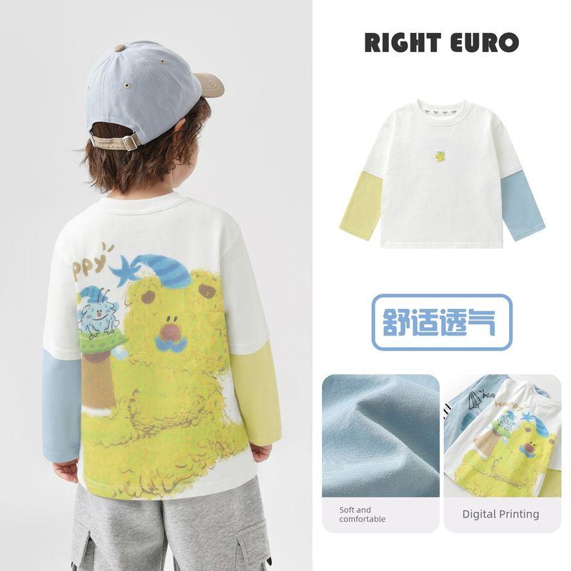 Right European Style Boys' Cloud Cotton Fake Two-Piece Long-Sleeve T-Shirt Spring 2026 New Children's Base Shirt Baby Inner Wear Trendy