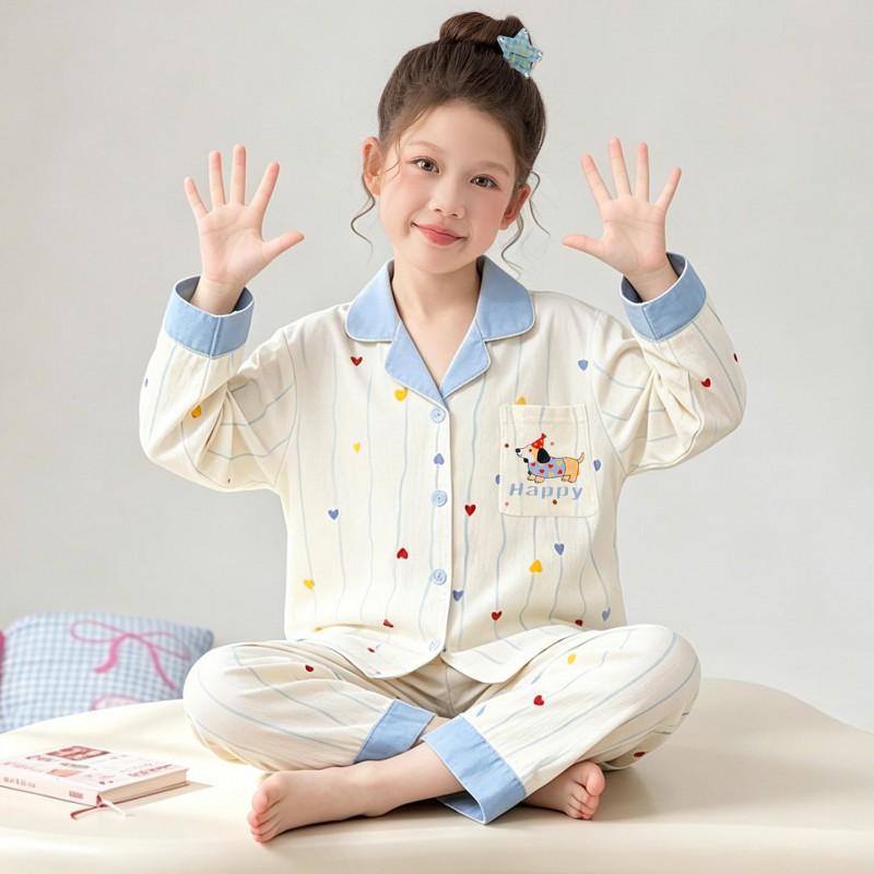 Girls Long Sleeve Cloud Cotton Pajamas Set Cute Open Front Homewear