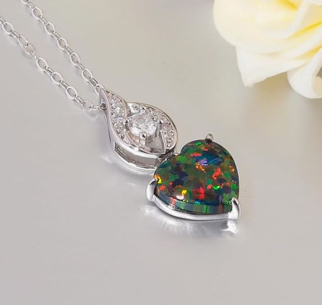 925 Sterling Silver Opal Pendant Necklace Cubic Zirconia Necklaces, Mother's Day Birthday Gift for Mom Wife Her