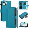 For iPhone 15 Leather Case 9 Card Slots Zipper Wallet Stand Phone Cover with Wrist Strap