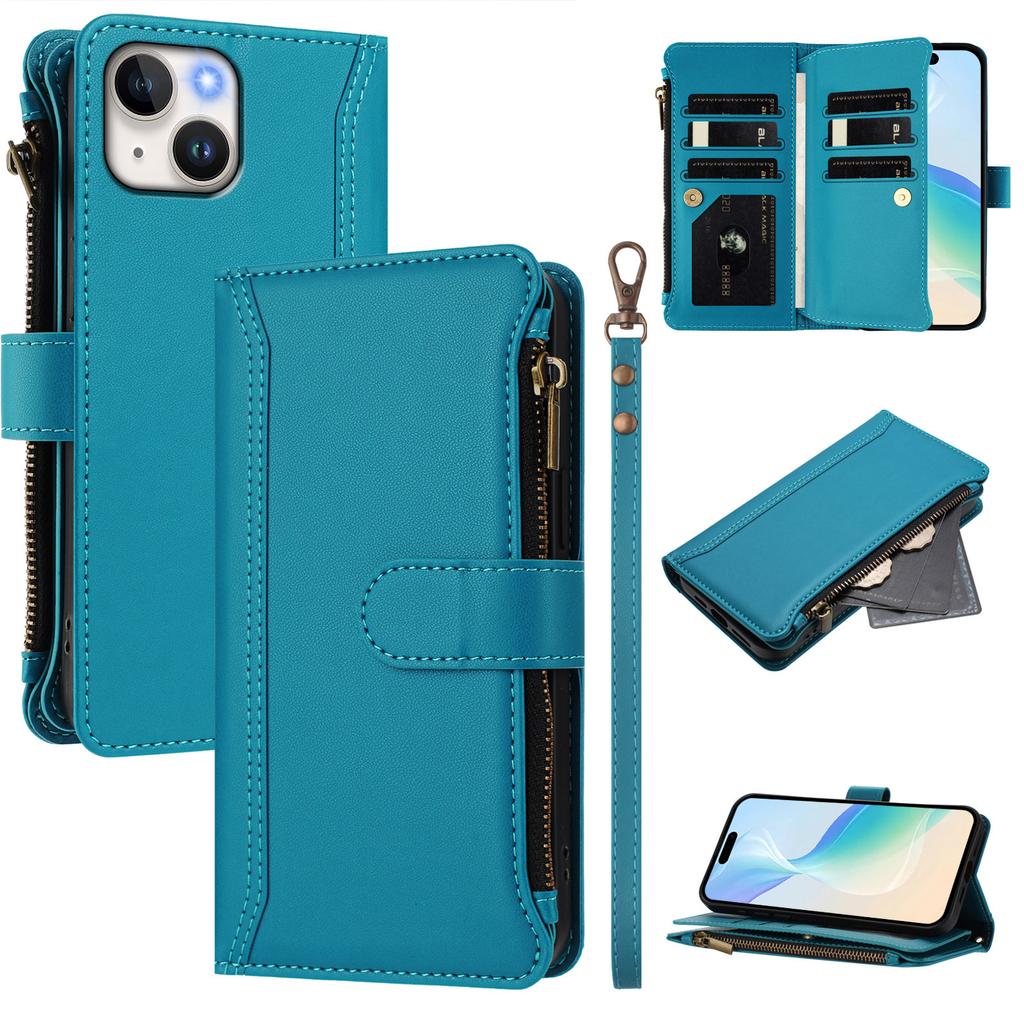 For iPhone 15 Leather Case 9 Card Slots Zipper Wallet Stand Phone Cover with Wrist Strap