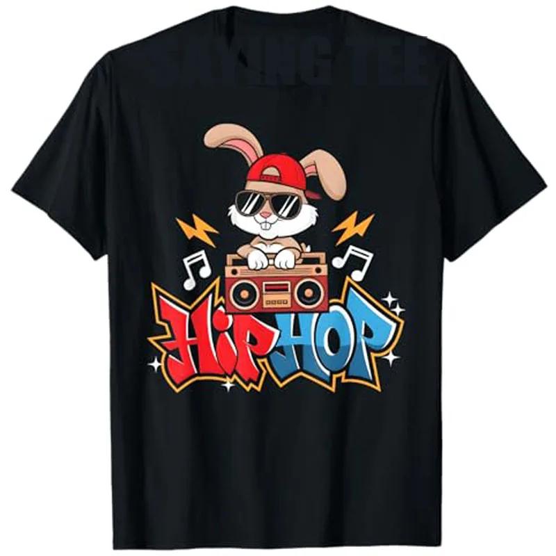 Hip Hop Bunny Rabbit With Boombox Graffiti Graphic Tee Cotton Short Sleeve TShirt For Unisex
