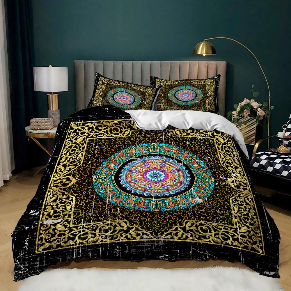 Комплект постельного белья Mandala с принтом «Мандала» из мягкой микрофибры с темно-синим принтом «Богемный шик» и медальоном, двуспальный пододеяльник размера «king-size»