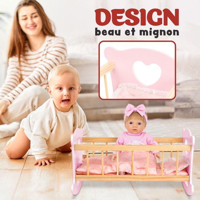 Lit Poupee en Bois - KINDERPLAY - Berceau pour Poupée - Rose - Enfant - 56 x 32 x 7,5 cm