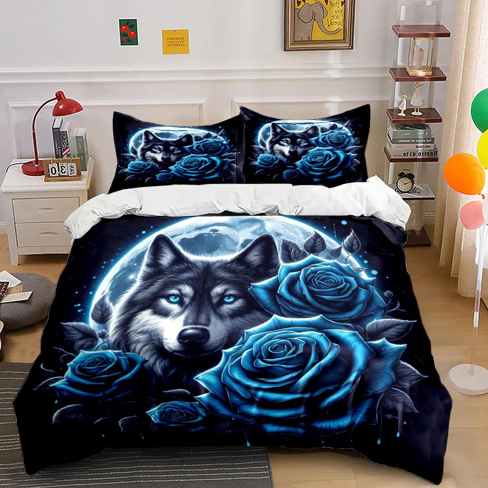 Wolf and Rose Print Bedding Set Sports Enthusiast Duvet Cover 1 Duvet Cover 2 Pillowcases Adult and Children Bedding Set Luxury