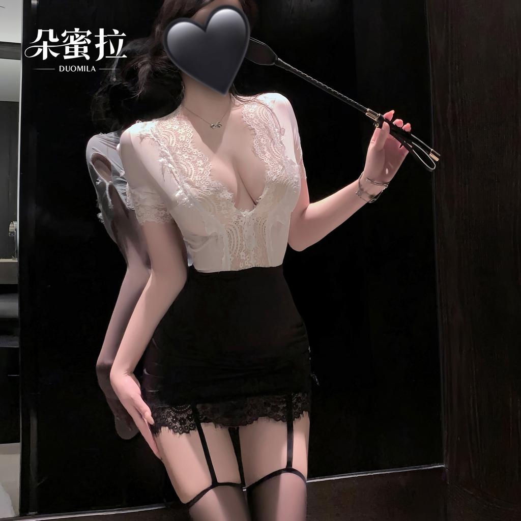 Erotic lingerie feminine lace see-through deep V secretary hip skirt pure desire no need to take off uniform set