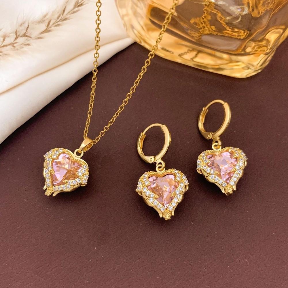 Sparkling Colorful Crystal Jewelry Set Elegant Zircon Pendant Ocean Heart Necklace Earrings Party