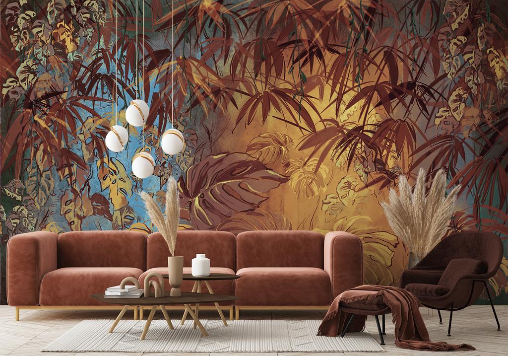 Wallpaper Painted Tropical Jungle Leaves