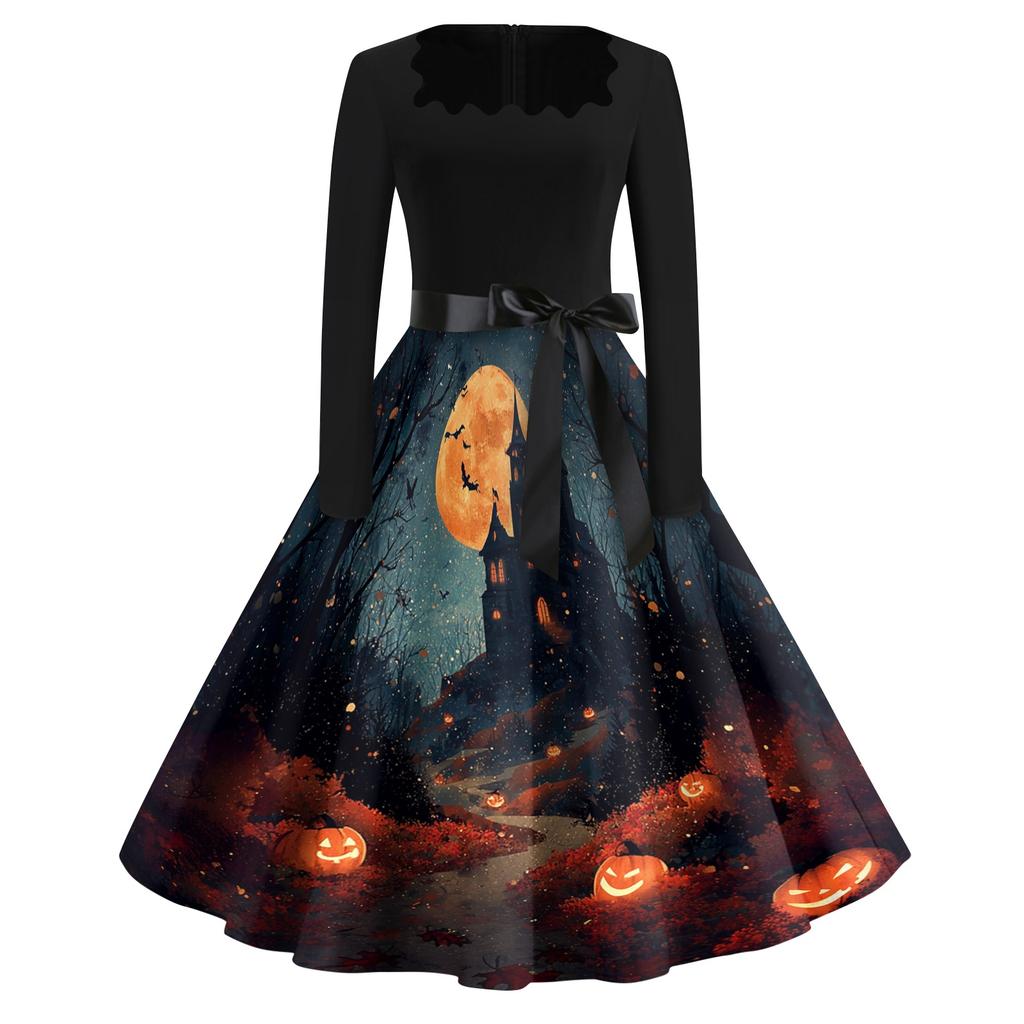 Women's Casual Vintage Halloween Print Dress Square Neck Long Sleeve Fit Flare Midi Dress with Waist Tie for Seasonal Occasion