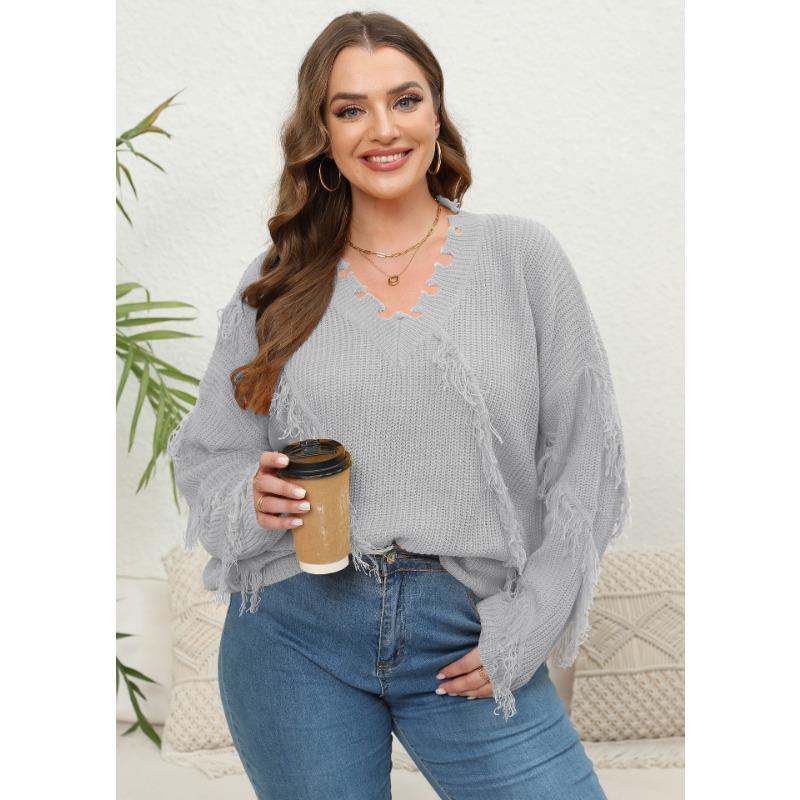 Women S Plus Size V Neck Tassel Pullover Sweater Autumn Winter