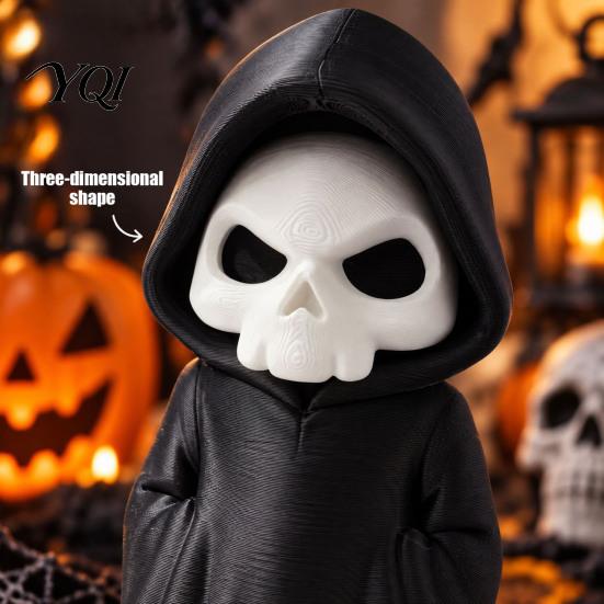 Black Robed Skeleton Statue 3D Printed Grim Reaper Figurine, Gothic Robe Statue, Model Mini Toy for Halloween Desktop Decoration Sculpture