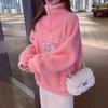 2021 Autumn and Winter Lamb Plush Sweater Women Half High Collar Plus Velvet Thick Ins Letter Embroidery Loose Large Size Warm Jacket