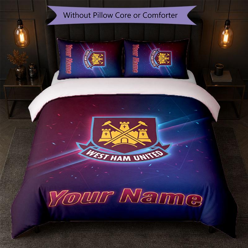 West Ham United FC Custom Name Text Bedding Set 1 Duvet Cover+2 Pillowcases Soccer Logo Personalized Gift For Special Occasion Bedroom Decor