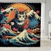 Мультяшная шторка для душа с кошкой, Японская живопись укиё Волны Восход Занавеска для ванной Комната для детей Подростков Женщин Декор, Океан Водонепроницаемая