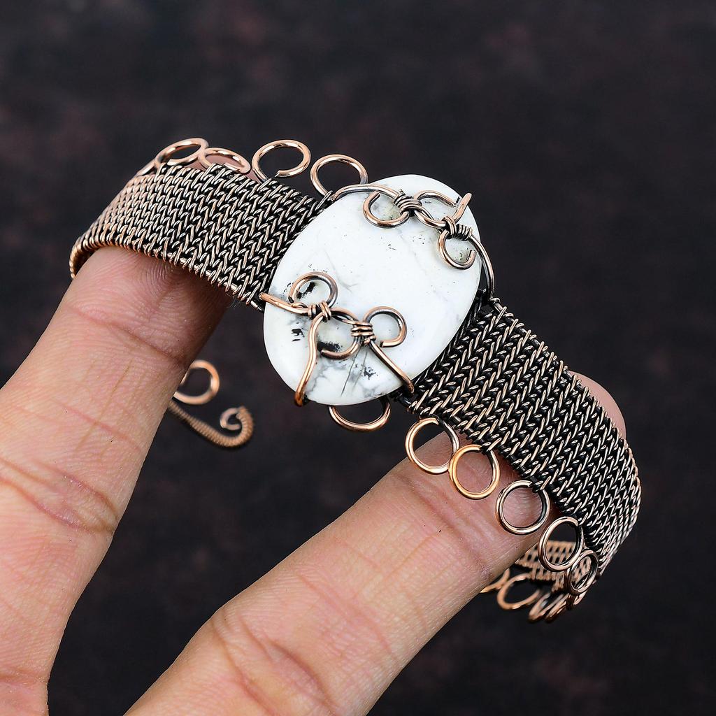 Howlite Cuff Bracelet Copper Wire Wrapped Bangle Gemstone Jewelry Adjustable Cuff Bracelet Copper Wire Jewelry Handmade Bangle Gift For Wife