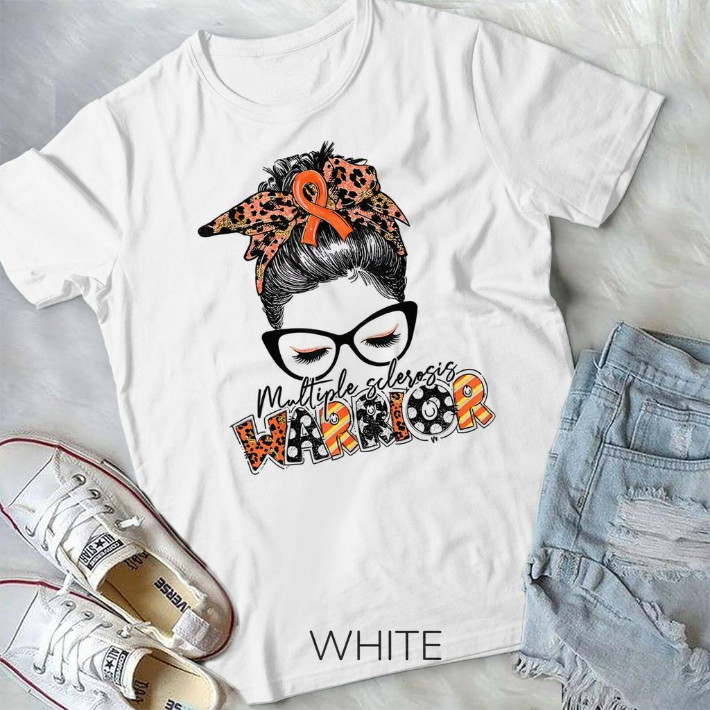Womens Messy Bun Leopard Multiple Sclerosis Awareness Mom T-shirt