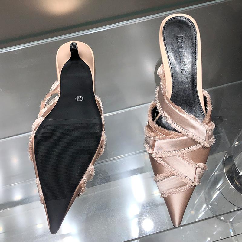 Модная обувь на среднем каблуке для женщин 2025 дизайнерская мода джинсовая женская с острым носком туфли-лодочки каблуки мюли шлепанцы элегантная женская обувь