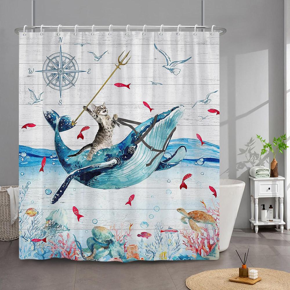 Funny Cat Shower Curtain Cute Cool Kitty Riding Whale Cartoon Animal Ocean Wave Children Bathroom Curtain Waterproof With Hooks