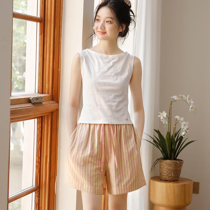 Summer women's pure cotton pajama pants sweet loose striped double-layer yarn can be worn outside casual simple home pants 11