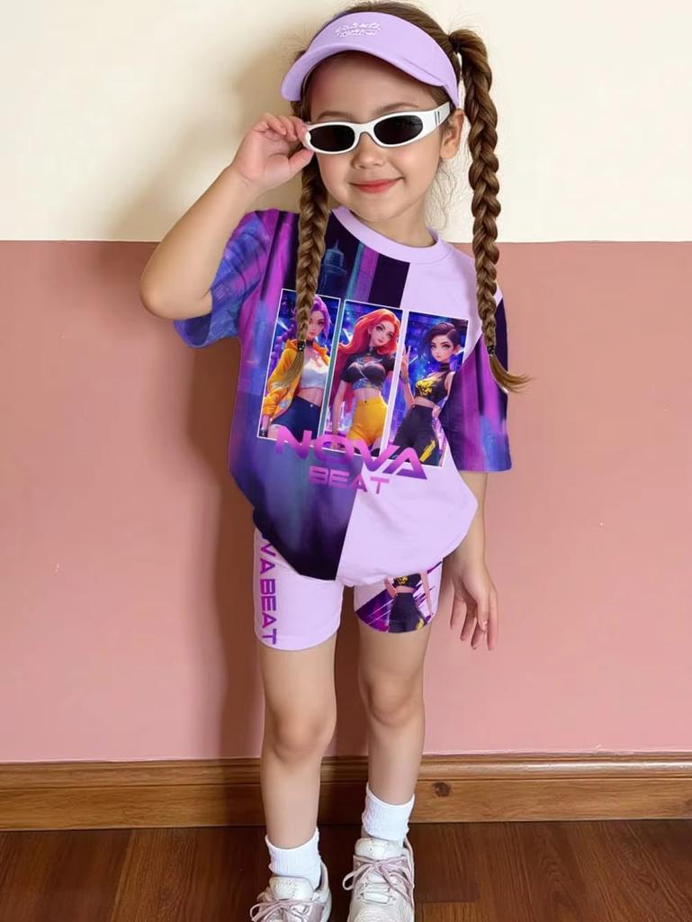 Модный K-pop Мультяшный Графический Принт Новый Комплект из Футболки и Брюк Летняя Одежда для Девочек Милый Комплект с Короткой Рукавой Детская Одежда
