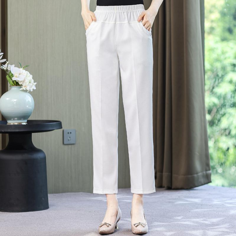 Summer High Waist Straight Pants for Women Plus Size Classic Elastic Waist Cotton Linen Trousers