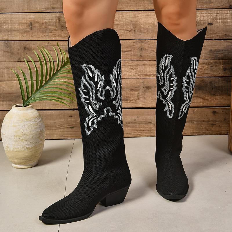 Autumn New Thick Heel Single Boots Women's Fashion Suede Embroidery Non-slip Comfortable High Boots