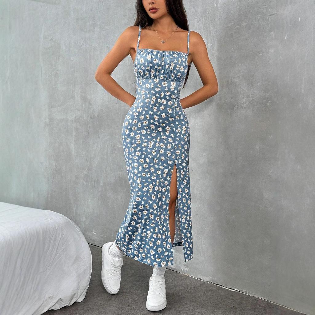 2025 весна лето женское платье с разрезом y2k модное цветочное платье с принтом в стиле бохо облегающее платье без рукавов милое А-силуэта сексуальное синее черное вечернее платье на бретелях