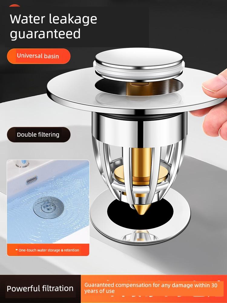 Sink Drain Plug with Pop-Up Core, Universal Press-Type Anti-Odor Drain Accessory for Washbasin and Sink