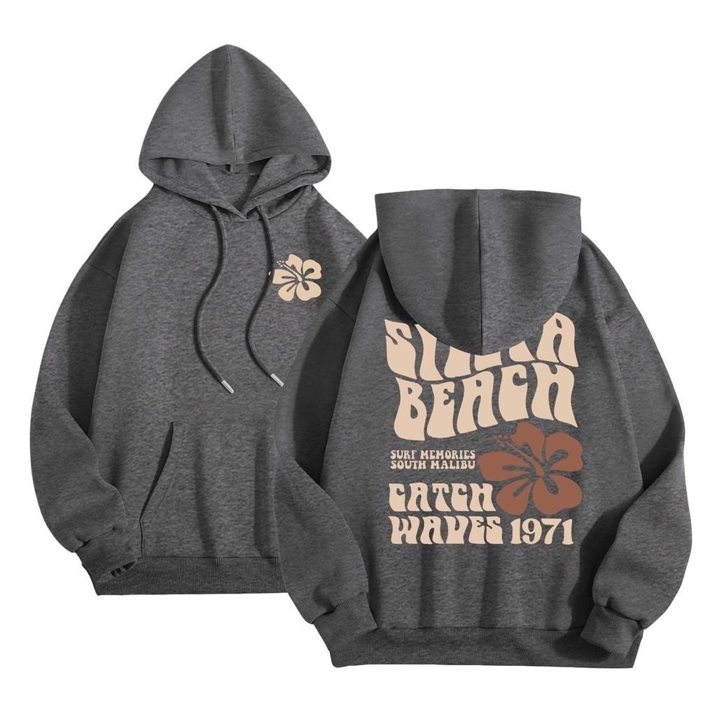 Women's Fashion Long Sleeve Sweatshirt Letter Printed Hooded Drawstring Pullover Oversized Pocket Sweatshirt Top