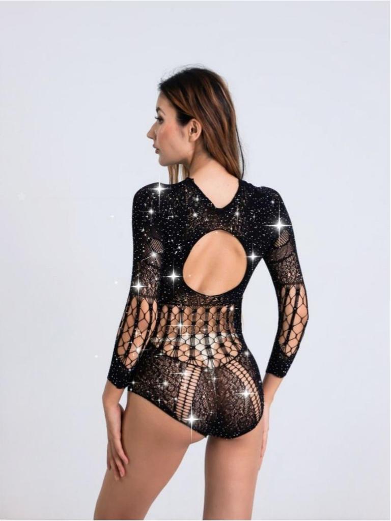 Women's Sexy Rhinestone Fishnet Bodysuit Nylon See-through mesh Long Sleeve Hollow Out Sheer Mesh Erotic Lingerie