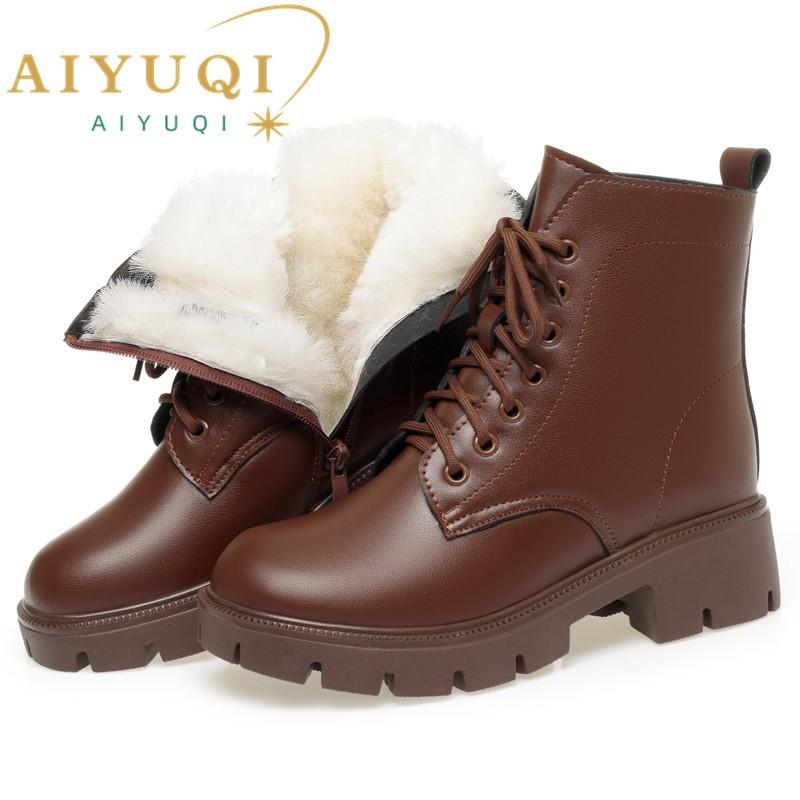 Модные женские зимние ботинки из натуральной кожи 2025 Новые Теплые женские сноубутсы из натуральной шерсти Большой размер Британский стиль Женские ботинки