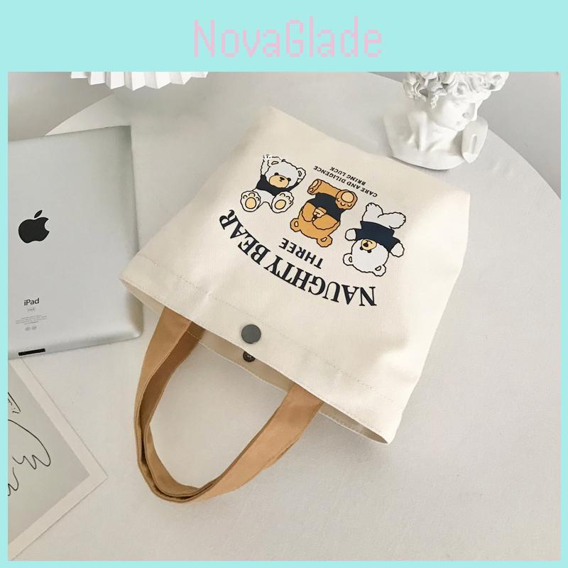 Cute Letters And Cartoon Bear Print Casual Hand Held Canvas Bag For Daily