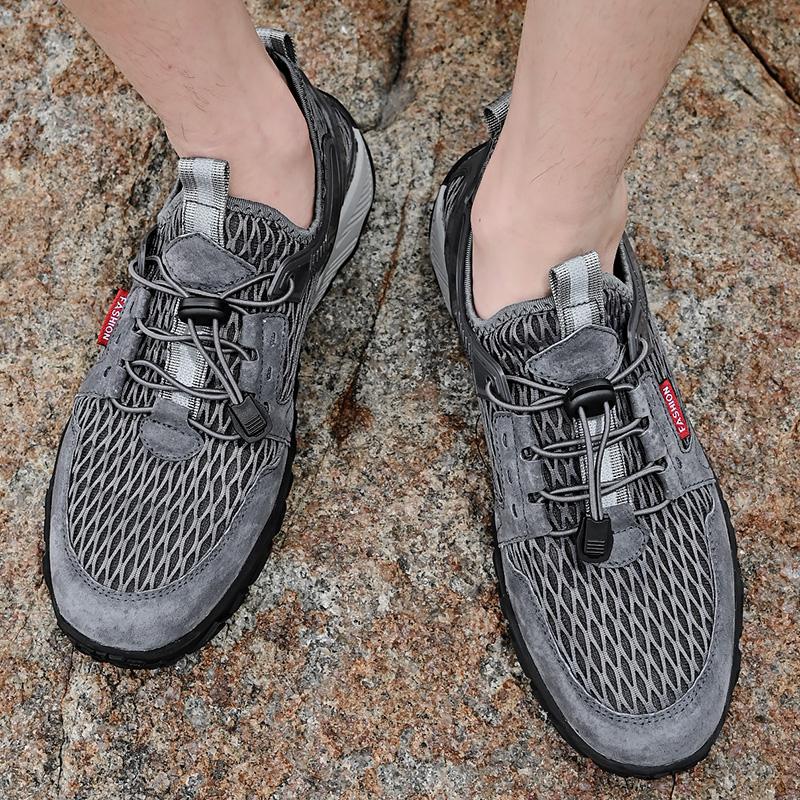 Men’s Outdoor Hiking Shoes Grey Driving Shoes Casual Slip on Summer Black Mesh Shoes Plus Size 45 46