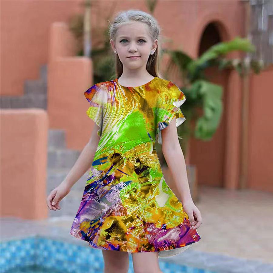 Girls Multi-colored Ice Cubes Print Dresses Kids Girl Party Dress Loose Fitting Loose Fitting Short Sleeved Skirt For Girls Over Four Years Old