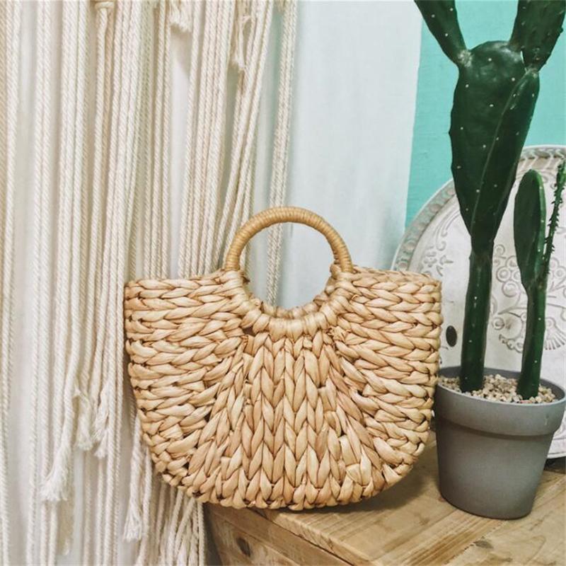 Yogodlns Simple Straw Handbag for Girls Summer Beach Travel Hand Bag Half Moon Hand Woven Rattan Handbags Round Handle Bags