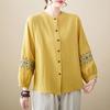 Folk Stylish Embroidery Loose Blouse Spring Autumn Single-breasted Basic Female Clothing Vintage Casual O-Neck Long Sleeve Shirt