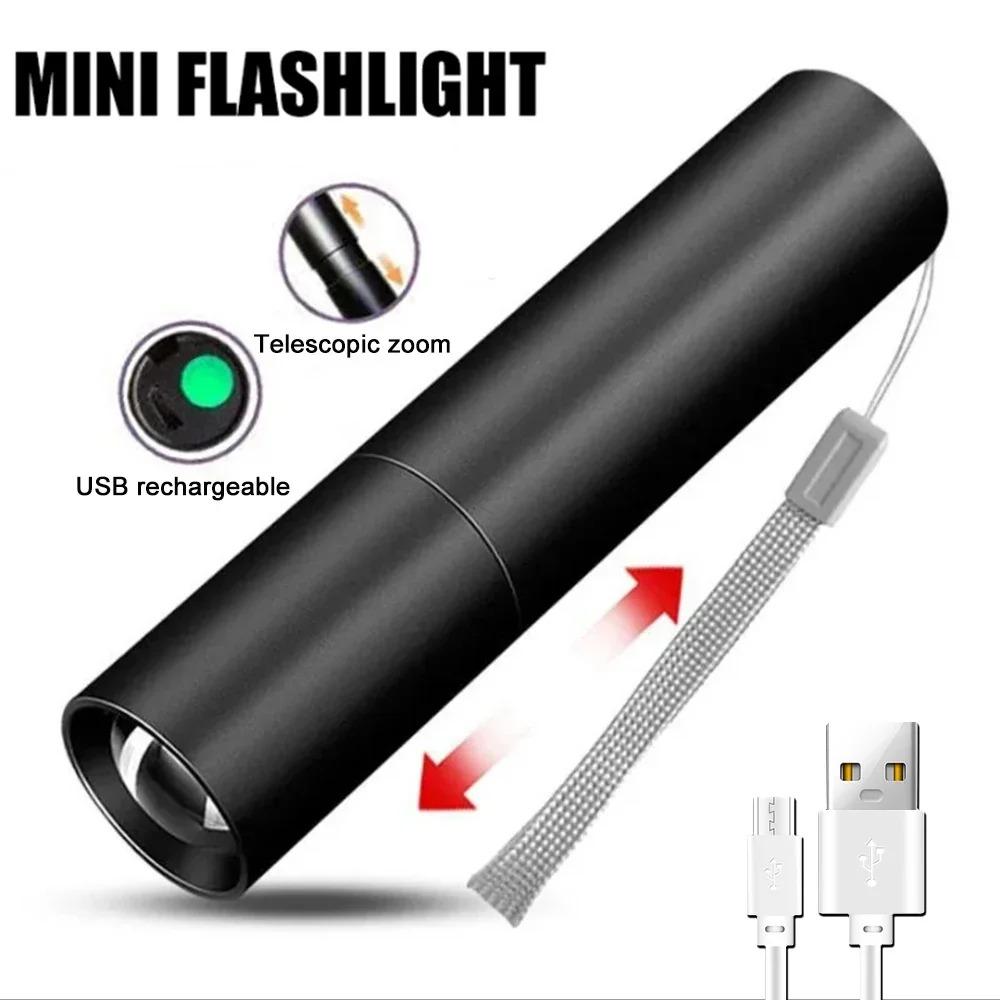 Мини-телескопический зум-фонарик 3 режима света, USB-перезаряжаемый, водонепроницаемый, мощный, для улицы, портативный фонарь