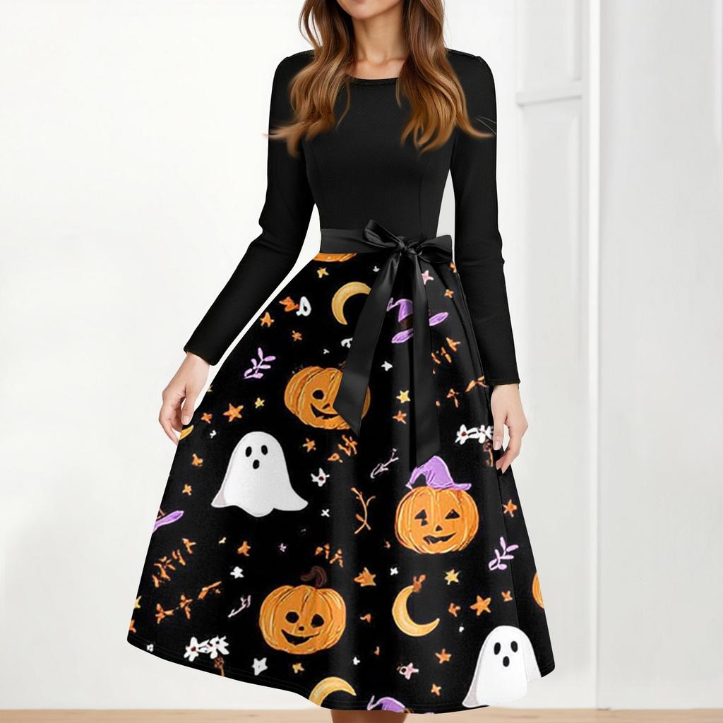 Women's Casual Fashion Halloween Printed Round Neck Vintage Dress