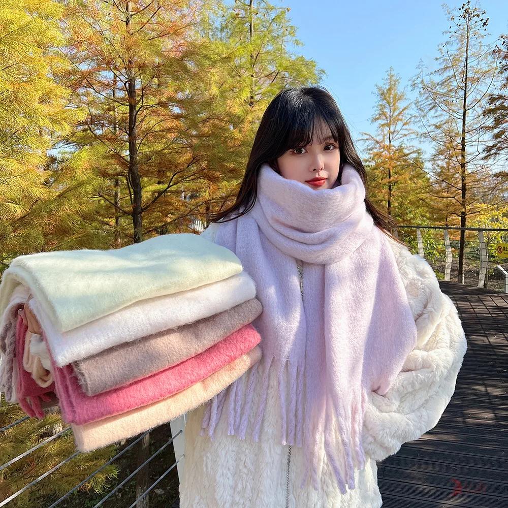 Thickened Extended Solid Color Scarf Women's Autumn Winter Korean Style Angora Student Shoulder Wrap Neck Warmer Pink Macaron