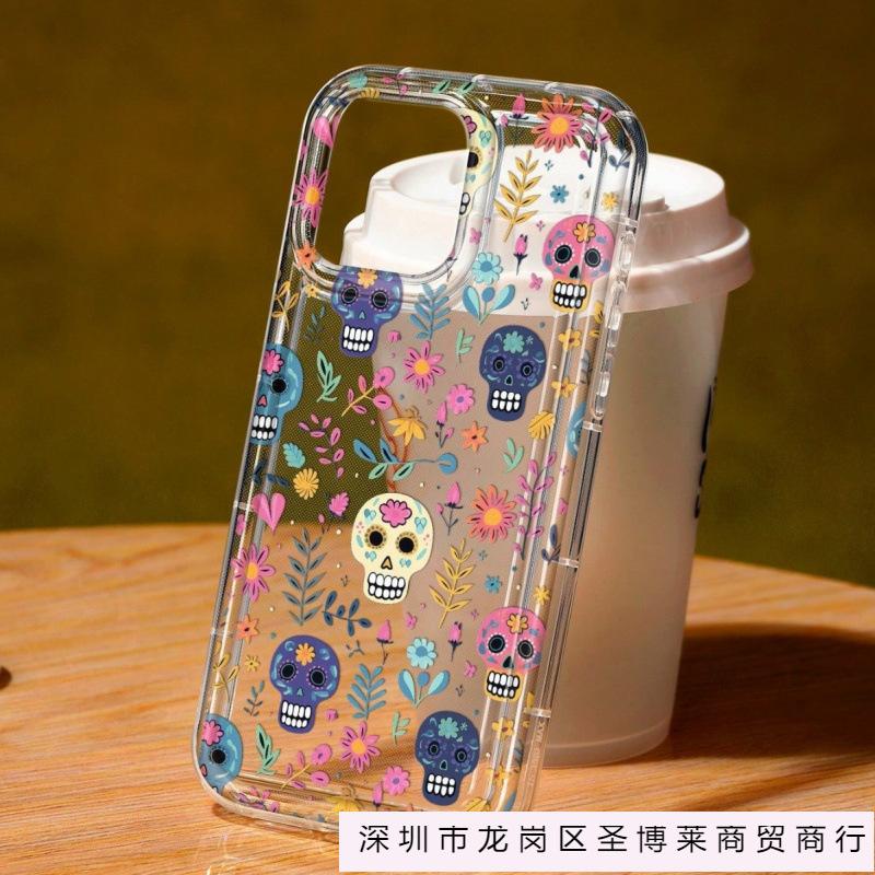 Цветущий череп наносится на чехол для мобильного телефона iPhone 16 Pro Apple 15 Pro 14 прозрачный 13 с подушкой безопасности 12 взрыв