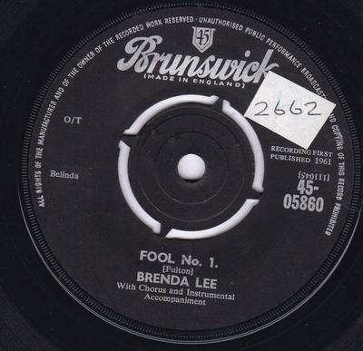 7-дюймовая пластинка БРЕНДА ЛИ - Дурак №1 4505860 Brunswick 1961 Великобритания Рок Б/У