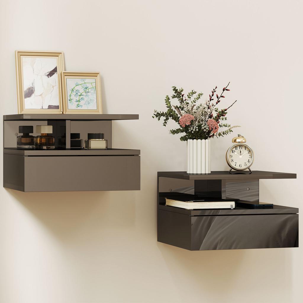 2 Floating Nightstands With 1 Drawer And Open Shelf Modern Design 35x32x22.5 Cm Glossy Black