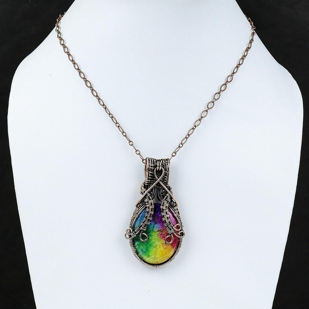 Радужный солнечный кварцевый кулон с друзами, кулон в медной проволоке, медные украшения, кулон ручной работы, подарок на помолвку, ювелирные изделия из драгоценных камней, завернутые в проволоку