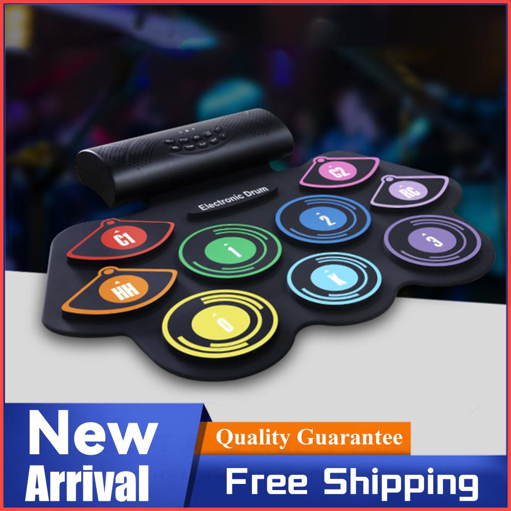 Electronic Drum Set Hand Roll Drum Percussion Instrument 9 Pads BT External Sound Drumsticks Foot Pedal MIDI Interface Speaker